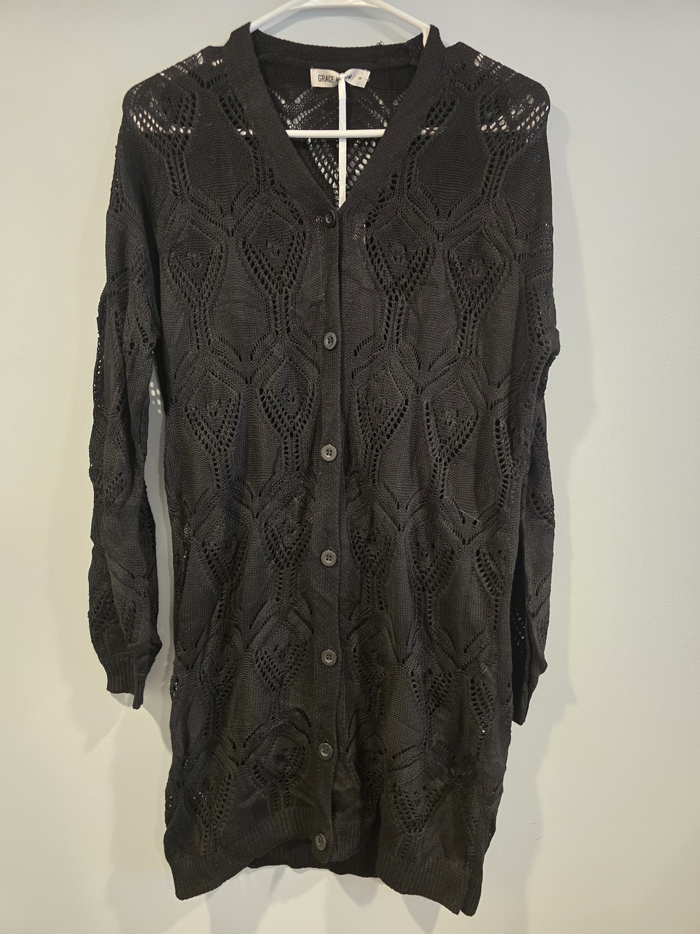 Grace Karin Boho Black Open-Knit V-Neck Cardigan